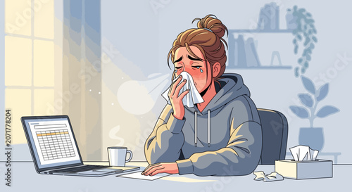 Woman Experiencing Cold Symptoms While Working On Laptop Depicted in Digital Illustration