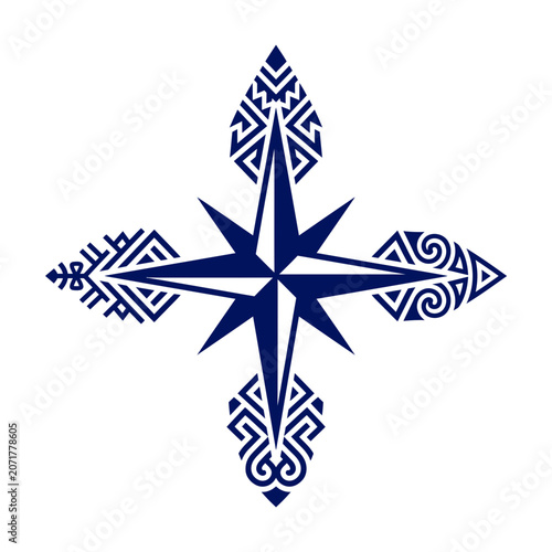 Decorative Compass Rose with Intricate Tribal and Geometric Patterns