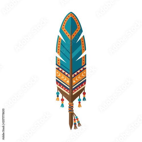 Boho Tribal Feather with Beads and Geometric Patterns Vector