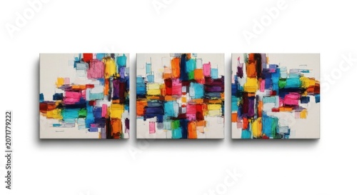 Vibrant abstract art triptych with colorful pixelated patterns on white background