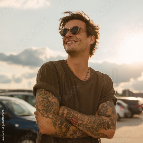Young Man Wearing Sunglasses Smiling Outdoors in Sunny Day with Tattoos