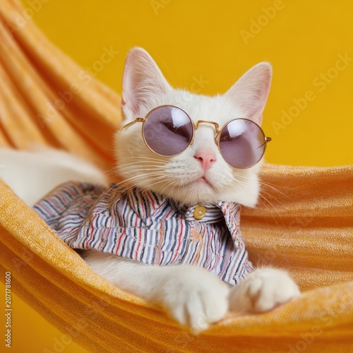 White Cat Wearing Sunglasses and Striped Shirt Relaxing in Orange Hammock Against Yellow Background
