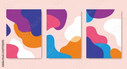 A triptych of abstract art panels with vibrant shapes and colors on a soft pink background.