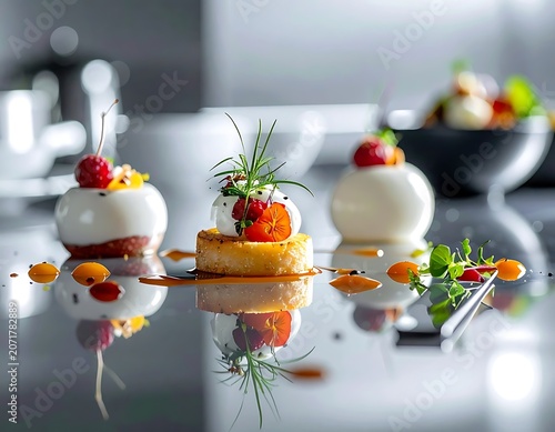 A gourmet dish with mousse, strawberries, and herbs on a reflective surface
