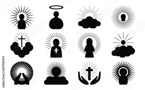 Fotografie Religious symbols featuring light rays clouds crosses haloed figures and prayerful hands