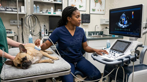 Black veterinary cardiologist performing a non-invasive cardiac ultrasound on a French Bulldog, Happy Father's Day