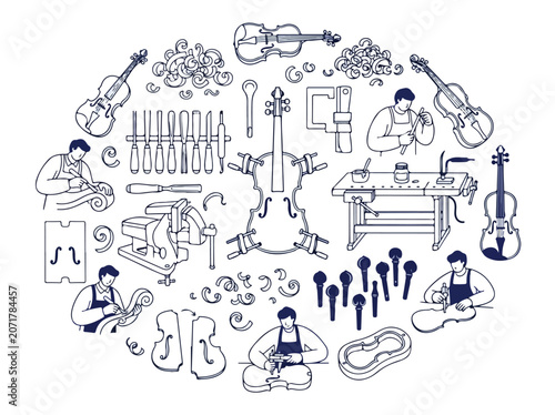 Fotografija Violin maker workshop line art vector, luthier crafting musical instruments with