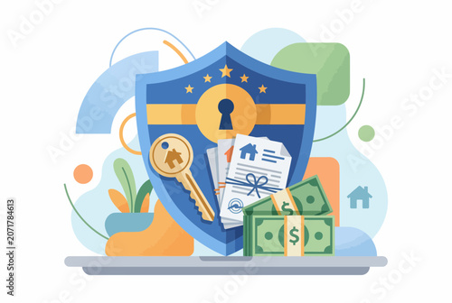 Financial Security Shield with Money and Property Documents