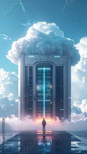 A person stands on a reflective surface in front of a futuristic tower