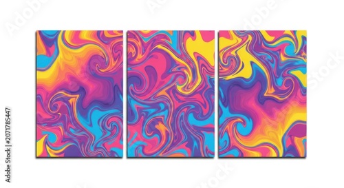 Vibrant abstract art triptych with swirling colorful patterns and bright hues.