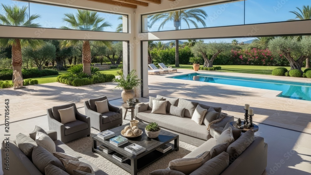 Fototapeta premium Modern patio lounge overlooking a garden and pool.