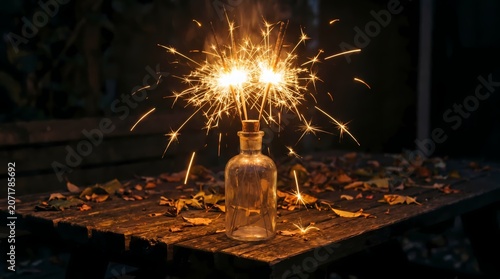 Glowing sparkler in a glass bottle on a wooden table at night