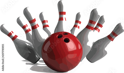 Photos Bowling ball knocking down gray bowling pins with red markings Vector