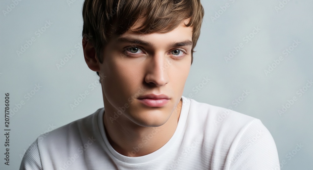 Fototapeta premium Close up portrait of a handsome young man with brown hair looking at the camera against a light gray background.