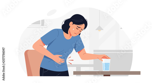 Woman Experiencing Abdominal Pain Seeks Relief Illustration on White Background