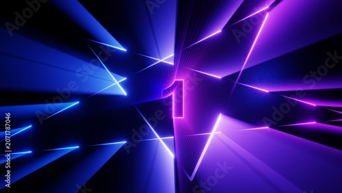 Neon number one on blue and purple laser light background