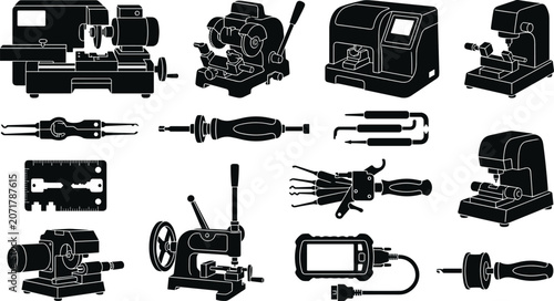 Fényképezés Professional Locksmith Tools and Key Cutting Machine Silhouette Icon Set Featuri