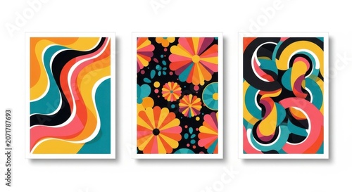 Vibrant abstract art pieces with colorful psychedelic patterns and shapes.