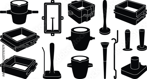 Bild auf Leinwand Professional Metal Casting and Sand Foundry Tool Silhouette Icon Set Featuring M