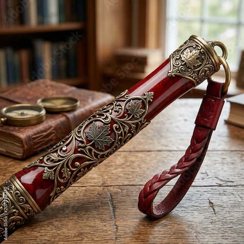 Luxurious vintage spyglass on wooden table with leather strap