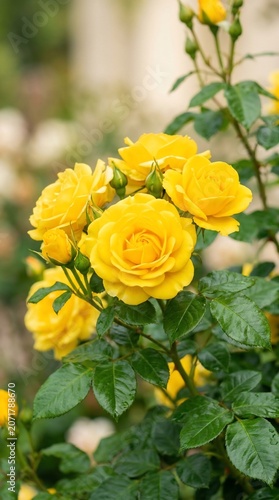 Yellow roses on green stem with leaves outdoor garden