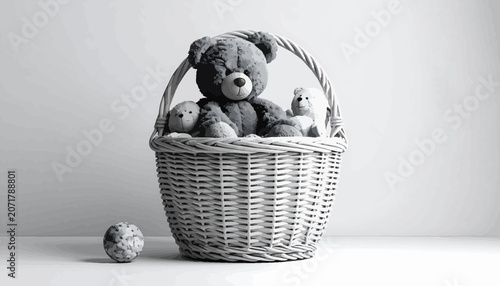 Konstfotografi Teddy bear sitting in wicker basket.