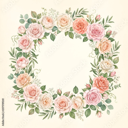 Elegant Watercolor Floral Wreath with Pink Roses and Green Leaves, Romantic Botanical Frame on White Background for Wedding Invitations, Greeting Cards, Branding and Stationery Design