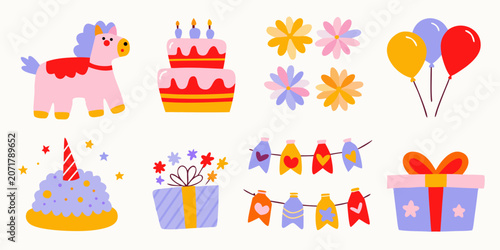 Fotografía Birthday party elements illustration featuring a pi ata cake balloons and gift b