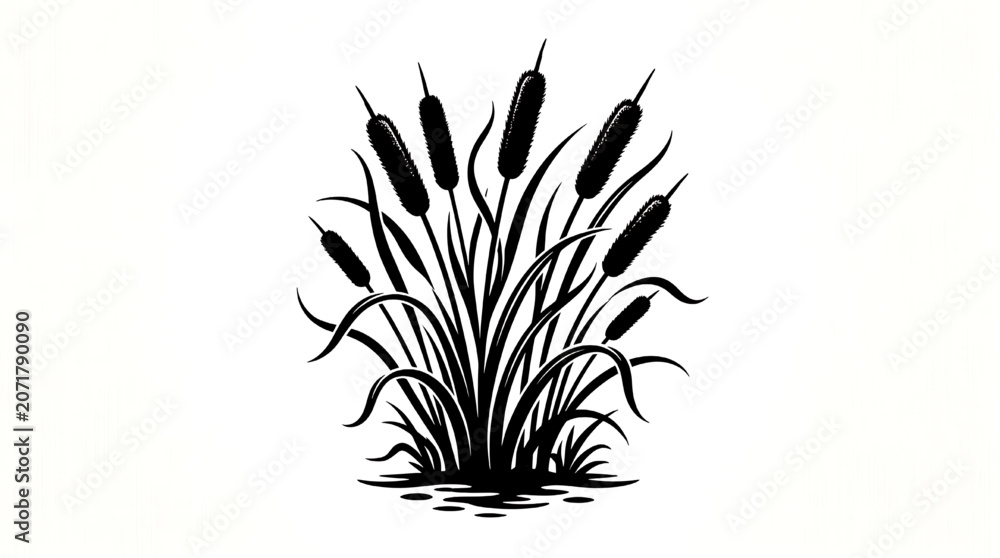 Fototapeta premium Black silhouette of cattails on white background with water reflection