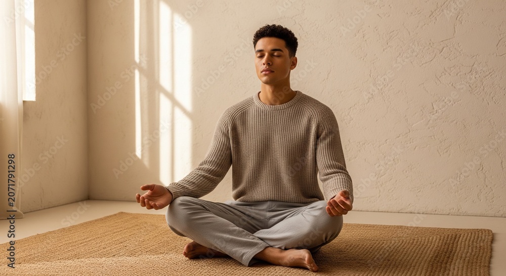 Fototapeta premium A young man meditating in a lotus pose on a large floor mat in a bright, minimalist room with natural sunlight and shadows on the wall