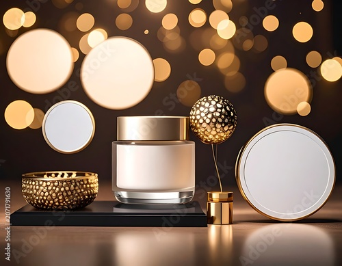 Luxurious skincare products on a black tray with gold accents