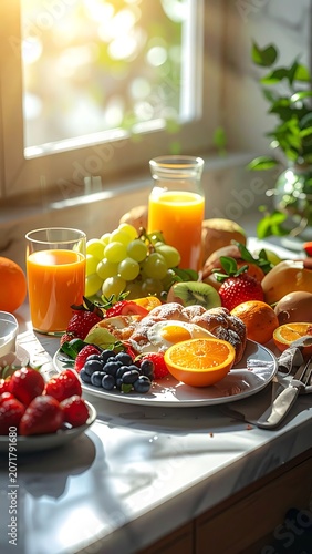 Fresh fruit and juice on a kitchen counter
