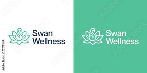 Fotografie A logo featuring a lotus flower accompanies the Swan Wellness text on a white and green background
