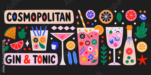 Foto Cocktail and garnish vector illustration with colorful drinks and citrus fruit s