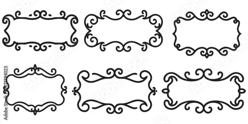 Set of elegant black ornate frames for vintage invitations.