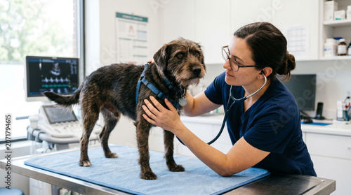 Mixed-breed rescue dog receiving a cardiovascular wellness examination from a veterinary cardiologist, bright veterinary center, detailed facial expressions