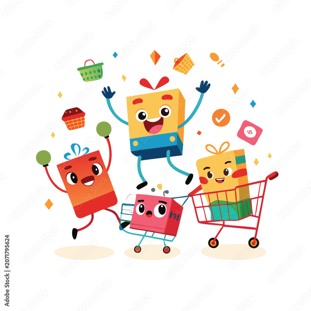 Fototapeta premium Happy cartoon grocery boxes shopping together