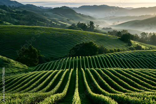 Rolling vineyards and hills bathed in golden morning light, with mist settling in the valleys. A beautiful, serene agricultural landscape.