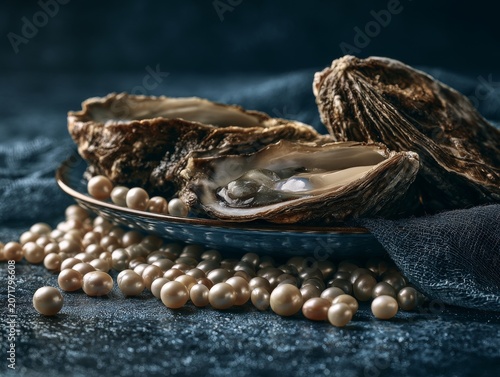 Fresh oysters and pearls composition, luxury ocean-inspired food concept 