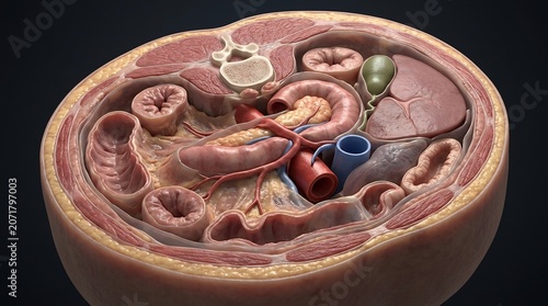 Human organs including the liver and gallbladder are presented in a high-resolution anatomical cross section for clinical analysis.