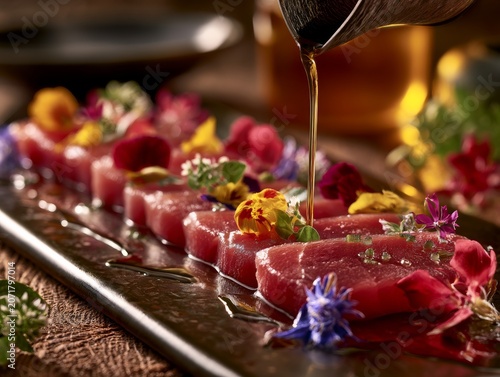 Fresh tuna carpaccio arranged with edible flowers, fine dining aesthetic 