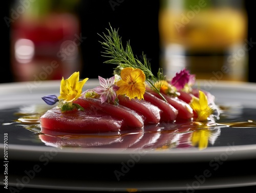 Fresh tuna carpaccio arranged with edible flowers, fine dining aesthetic 