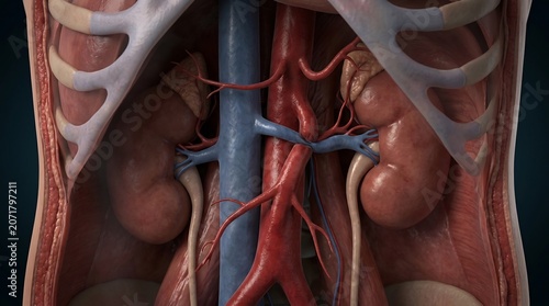 Kidneys and human abdominal organs are displayed in this detailed anatomical model showing the arterial and venous blood flow systems.