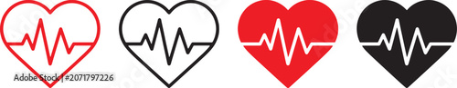 Heartbeat icon set, heart shape with pulse line symbols, cardiology and health monitoring concept,  line inside heart icons, medical and premuim design