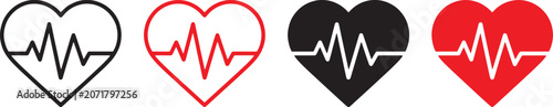 Heartbeat icon set, heart shape with pulse line symbols, cardiology and health monitoring concept,  line inside heart icons, medical and fitness theme, good looking