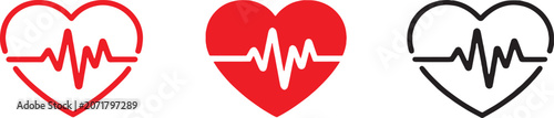 Heartbeat icon set, heart shape with pulse line symbols, cardiology and health monitoring concept,  line inside heart icons, medical and fitness theme minimal design