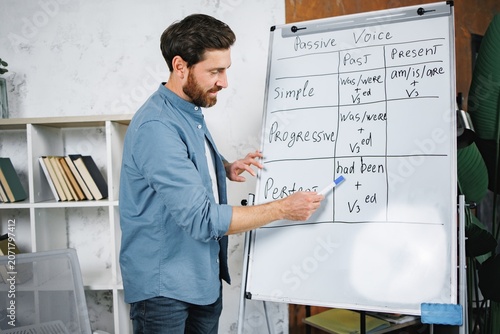 Bearded male tutor standing next to whiteboard and explaining language rules