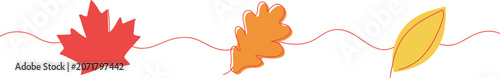 Autumn leaves in a row on a red wavy line with a white background during daytime