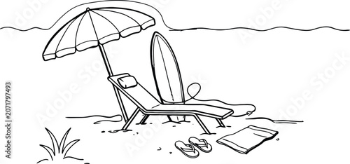 Beach chair under umbrella with surfboard and flip-flops on sand during summer vacation concept