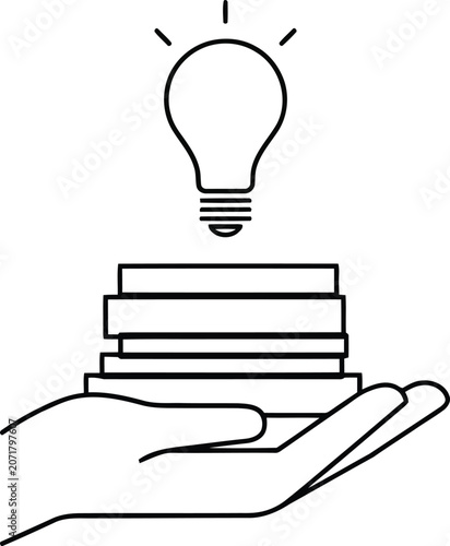 Hand holding stack of books under glowing lightbulb symbolizing knowledge and innovation concept